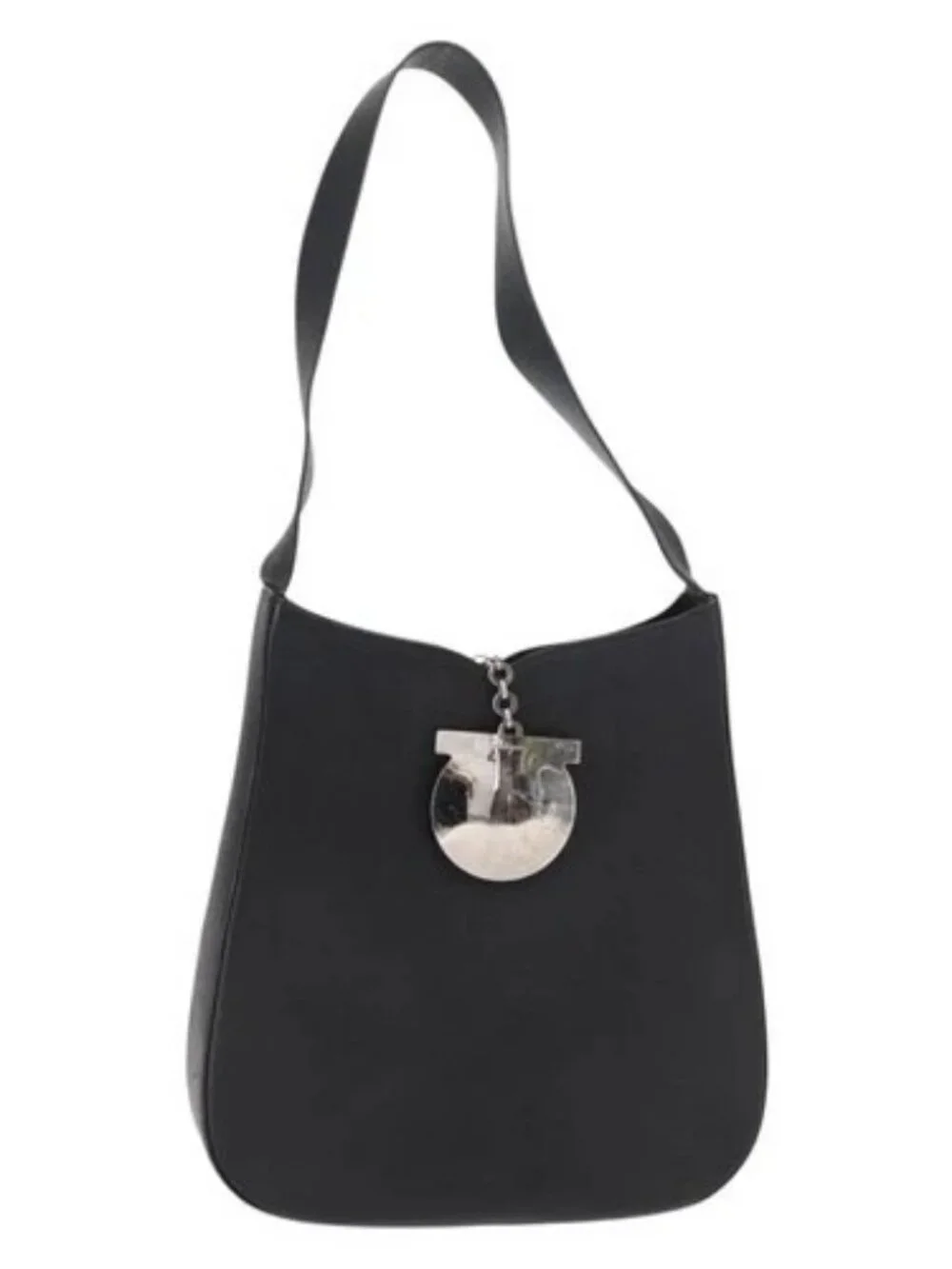 Salvatore Ferragamo Gancini Shoulder Bag Leather Black Silver Auth bs30966